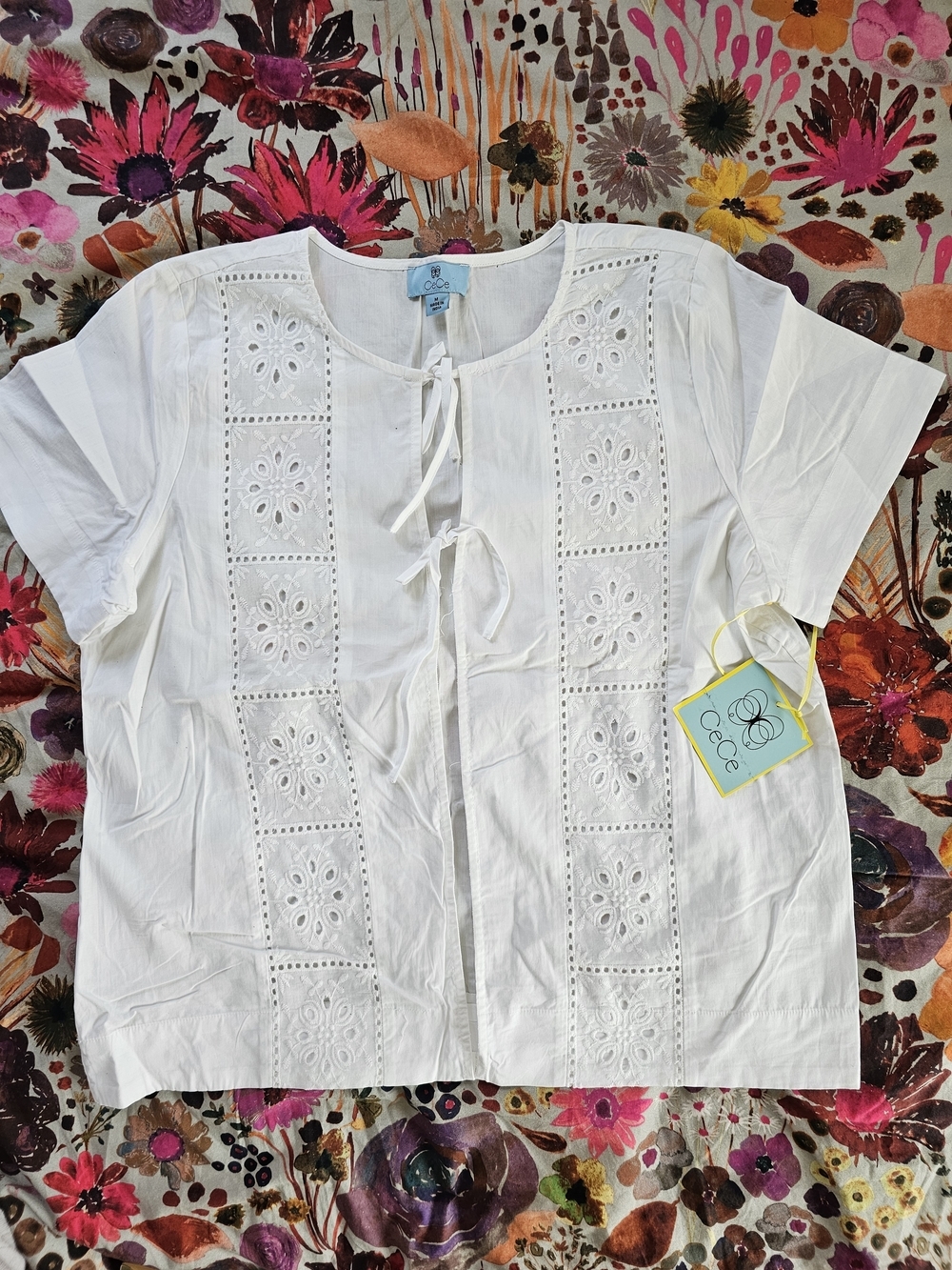 CeCe White Eyelet Tie-Front Cotton Blouse